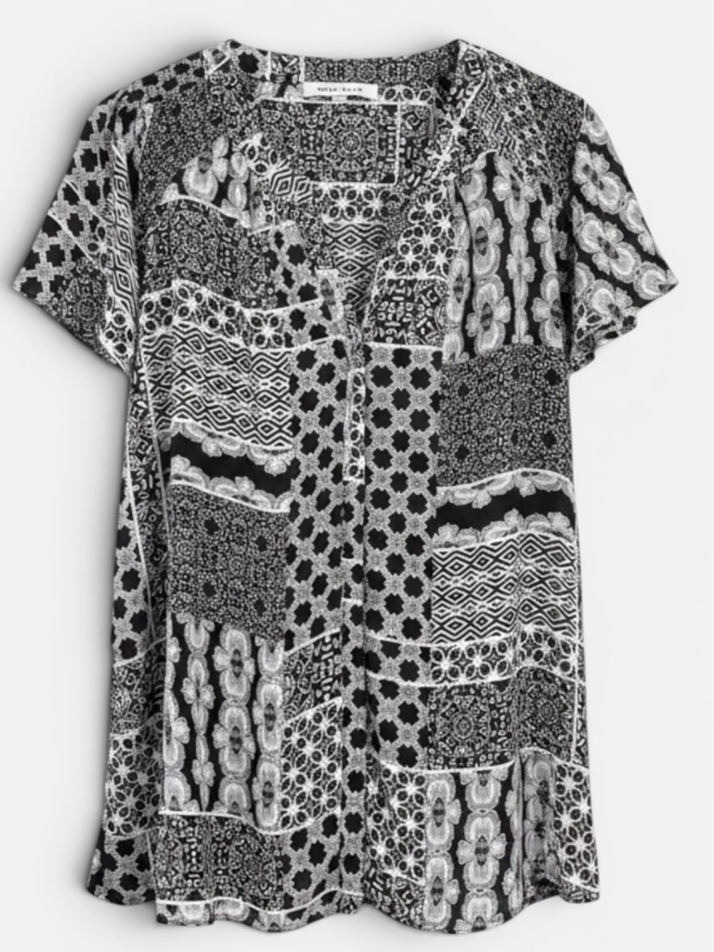 Rose & Olive Black and White Patchwork Print Short Sleeve Blouse